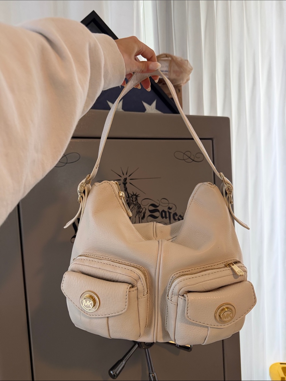 Michael Kors Cream Leather Shoulder Bag with Front Pocket Accents